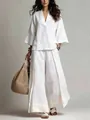 Conjunto de camisa de lino con cuello en V y pantalones anchos para mujer blanco. - S / Top Y Pantalón / Blanco