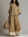 Conjunto francés de lino y algodón para mujer con blusa escote en V y pantalón ancho. - S / Top Y Pantalón / Camel