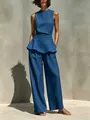 Elegante completo blu in cotone e lino con top peplo e pantaloni estivi a gamba larga - Taglia S / Top e Pantaloni / Blu zaffiro