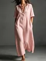 Elegant pink cotton linen short sleeve maxi shirt dress with lapel collar and side pockets. - S / Dresses / Pink