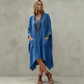 Abito casual in cotone e lino blu con scollo a V, orlo irregolare e tasche ampie - Taglia S / Vestiti / Blu zaffiro