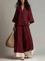 Elegante conjunto femenino de camisa de lino burdeos con cuello en V y pantalón ancho - S / Top Y Pantalón / Burdeos