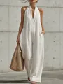 Detail of white linen V-neck sleeveless jumpsuit showing wide-leg fit and pocket - S / Straight Style (GY999) / White