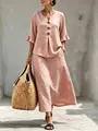 Ensemble élégant rose poudré en lin avec haut à col en V et jupe longue assortie. - S / Haut Et Bas / Rose