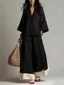 Elegante conjunto de camisa de lino negro con cuello en V y pantalones anchos mujer moda - Negro