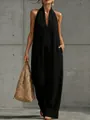 Elegant black sleeveless V-neck cotton linen jumpsuit with stylish woven bag detail - S / Straight Style (GY999) / Black