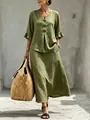 Ensemble décontracté vert pour femme avec haut à col en V et jupe longue, vue détaillée - S / Haut Et Bas / Vert Militaire