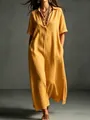 Elegant mustard yellow cotton linen maxi dress with short sleeves, lapel collar and side pockets - Yellow