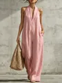Elegant pink linen sleeveless wide-leg jumpsuit for women with a deep V-neck detail - S / Straight Style (GY999) / Pink