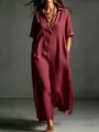 Detailed view of an elegant maroon cotton linen maxi dress with a collared neck. - Burgundy