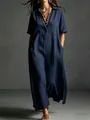 Elegant navy blue cotton linen maxi dress with short sleeves and a lapel collar. - S / Dresses / Navy Blue