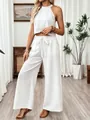 Full body detail of women's white linen halter crop top and wide-leg pants set - S / Top And Bottom / White