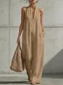 Detailed view of elegant khaki sleeveless linen jumpsuit with deep V-neck and wide legs - S / Straight Style (GY999) / Camel