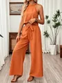 Two-piece summer set with orange halter neck crop top and belted wide-leg trousers - S / Top And Bottom / Orange Red