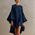 Elegant navy blue asymmetric dress featuring oversized flare sleeves and ruffle hem - S / Dresses / Navy Blue