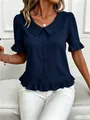 Elegant navy blue Peter Pan collar blouse featuring ruffled sleeves and hem for women's style - S / Tops / Navy Blue