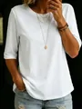 Detail view of casual white round neck T-shirt for women, featuring soft cotton texture. - S / Tops / White