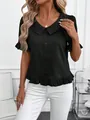 Black short-sleeve doll collar blouse with elegant ruffle hem and button details for women - S / Tops / Black