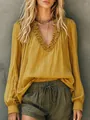 Detail of loose mustard yellow cotton linen shirt with ruffle V-neck on model - S / Tops / Yellow