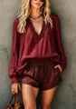 Detailed view of women's burgundy ruffle V-neck long-sleeve cotton linen shirt and shorts - Burgundy