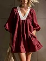 Detailed view of a bohemian burgundy V-neck dress featuring delicate white lace trim - S / Dresses / Burgundy