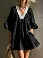 Detailed view of women's black V-neck lace dress with loose ruffles for vacation - S / Dresses / Black
