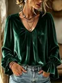 Elegant emerald green velvet blouse featuring a V-neck and ruffled long sleeves for women. - S / Tops / Dark Green