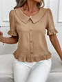 Elegant khaki short sleeve blouse with Peter Pan collar and feminine ruffle hem details - Khaki