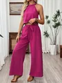 Fuchsia halter sleeveless crop top and wide-leg pants two-piece set for summer casual wear - S / Top And Bottom / Rose Red