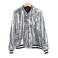 Detailed view of women's silver sequin bomber jacket with striped ribbing - S / Tops / Silver
