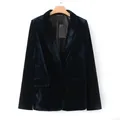 Elegante blazer in velluto verde scuro da donna con bottone singolo e revers classici. - Taglia S / Top / Verde Scuro