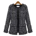 Elegant women's black and white tweed jacket with fringe details and open front design - S / Tops / Black