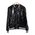 Close-up of black sequined bomber jacket with silver striped rib-knit trim and zip front - S / Tops / Black