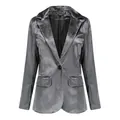 Vista frontale di un blazer in velluto grigio minimalista da donna con collo a revers - Taglia S / Top / Smoke