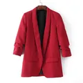 Eleganter roter Damen Blazer mit Schalkragen und gerafften Dreiviertel-Ärmeln für Damen - S / Oberteile / Rot
