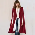 Sophisticated burgundy long cape coat featuring a fake two-piece white shirt collar design - S / Tops / Red