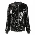 Close-up of a women's black sequin bomber jacket with front zipper and ribbed trim - 2XL / Tops / Black