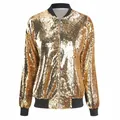 Front view of a women's gold sequined bomber jacket with black ribbed trim details - 2XL / Tops / Gold