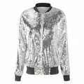 Detail of silver sequin bomber jacket with black ribbed trim and front zipper - 2XL / Tops / Bright Silver