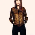 Women's glamorous gold sequin bomber jacket with black ribbed trim for fashion SKU - L / Tops / Black & Gold