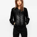 Stylish women's full black sequin bomber jacket featuring a sporty zip-up front design - L / Tops / Black
