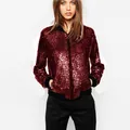 Fashionable sparkly burgundy sequin bomber jacket for women in casual sports style - L / Tops / Burgundy