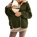 Close-up of a warm fleece-lined hoodie with a functional kangaroo baby pouch. - Army Green