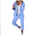 Casual women's blazer and pants suit set in light blue color with drawstring waist - Sky Blue