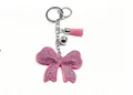 Élégant porte-clés nœud en strass rose avec pompon en daim et anneau en métal argenté - Nœud Papillon à Franges