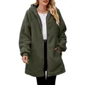 Macro detail view of the soft army green oversized fleece hooded zip-up jacket for women - S / Tops / Army Green