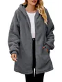 Cozy women's oversized grey fuzzy fleece hooded jacket with front zipper and pockets - S / Tops / Gray