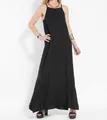 Elegant women's black cotton linen maxi dress with sleeveless halter strap design - S / Dresses / Black