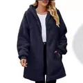 Warm oversized women's plush hooded cardigan jacket with front zipper for winter - S / Tops / Navy Blue