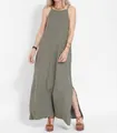 Elegant olive green linen maxi dress featuring a side split and stylish camisole straps - S / Dresses / Army Green